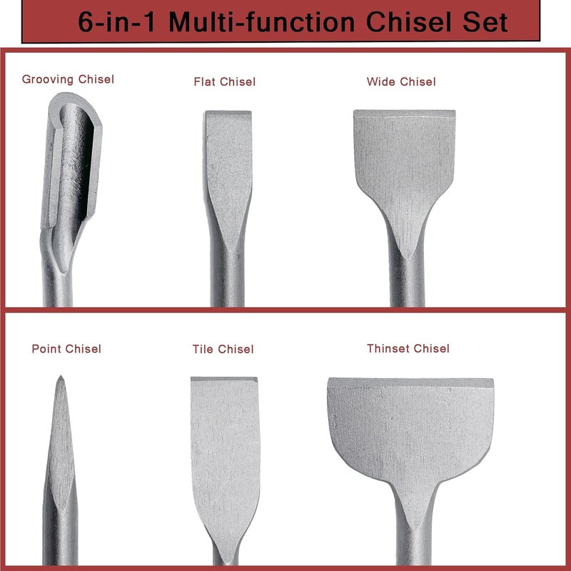 Regiis Tech 6 pcs SDS Plus Chisel Set, Masonry Concrete Drill Bit Set, Tile Removal Chisel Bits for Rotary Hammer with Point Flat Wide Inclined Grooving Scraping Scaling Removing Tile Thinset - Image 4